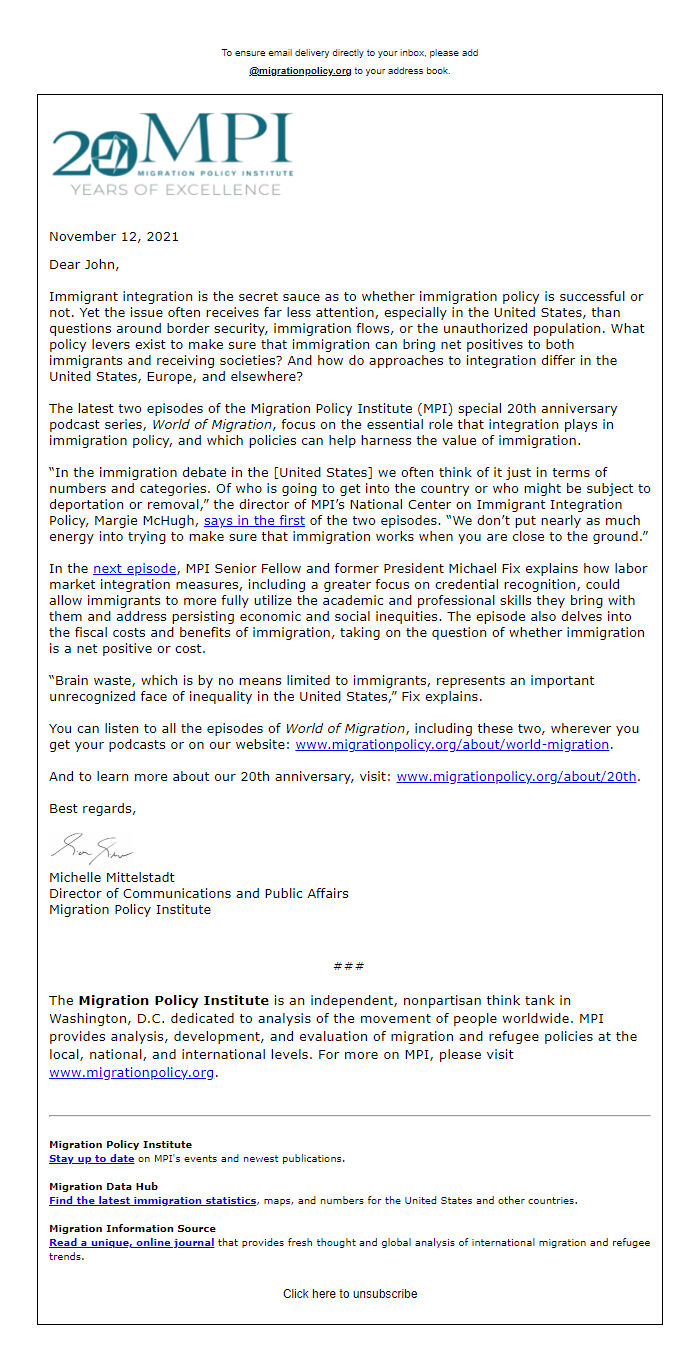 Screenshot of the email generated on import