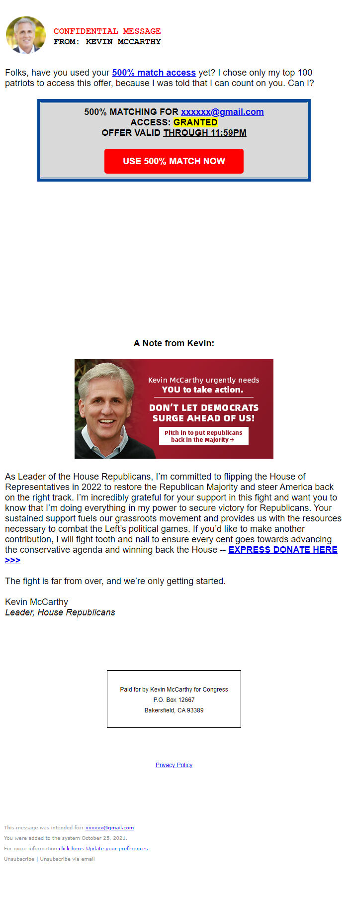 Screenshot of the email generated on import