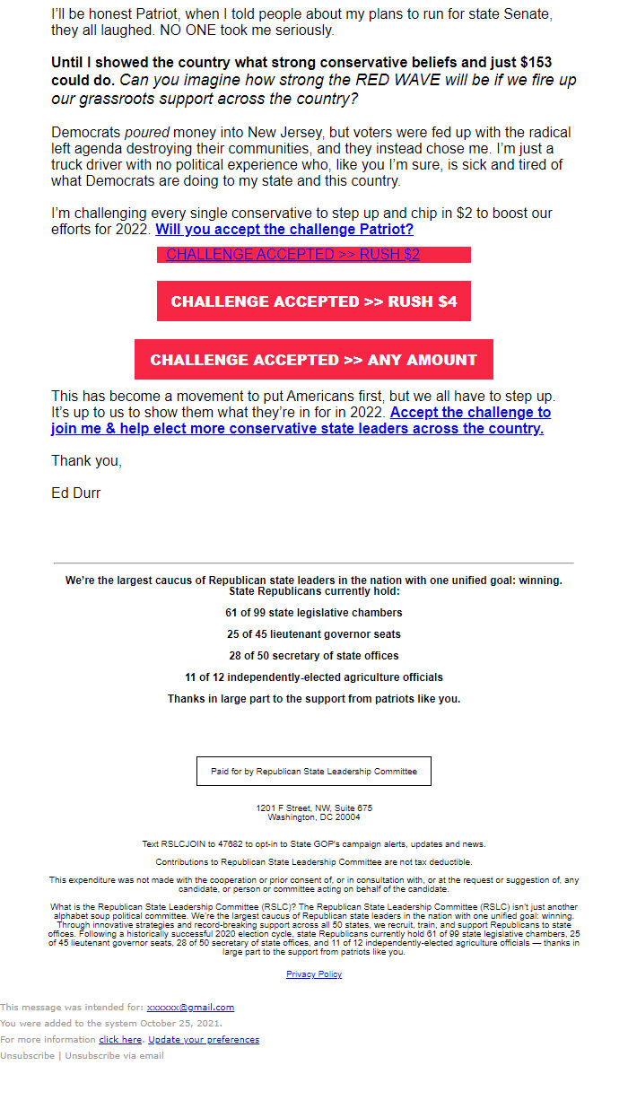 Screenshot of the email generated on import