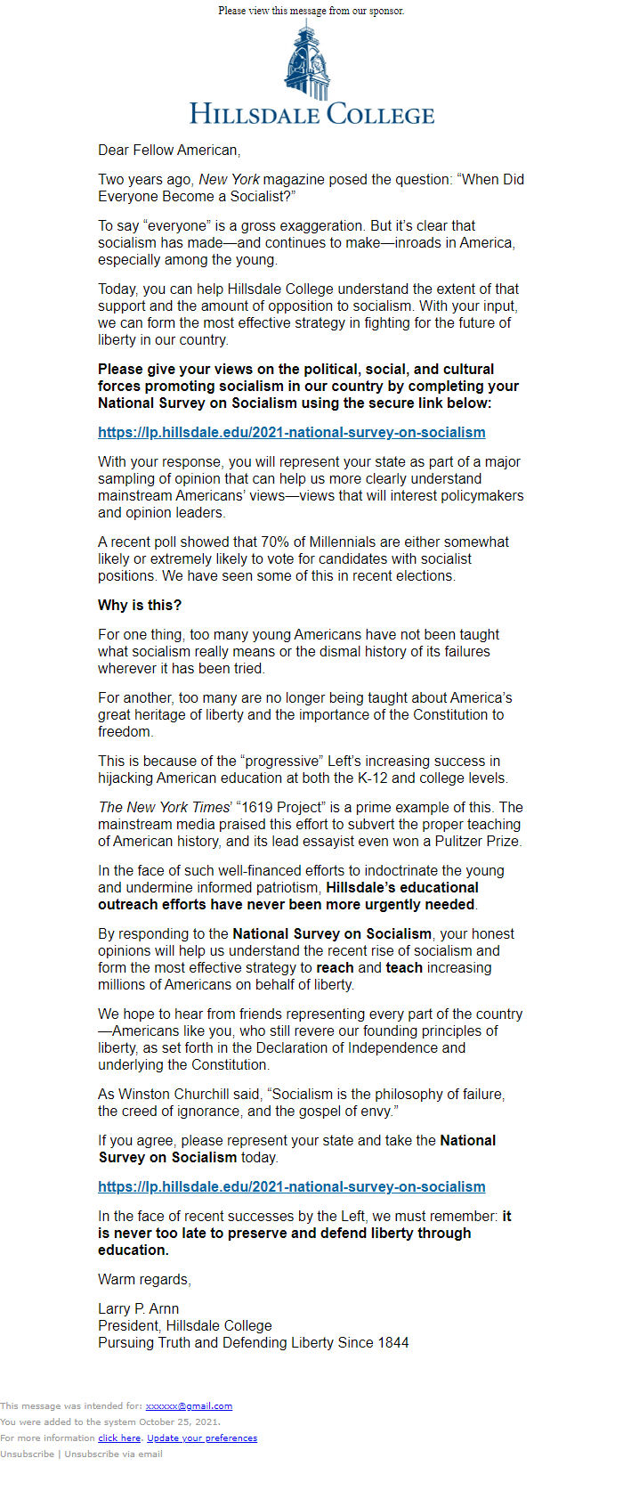 Screenshot of the email generated on import