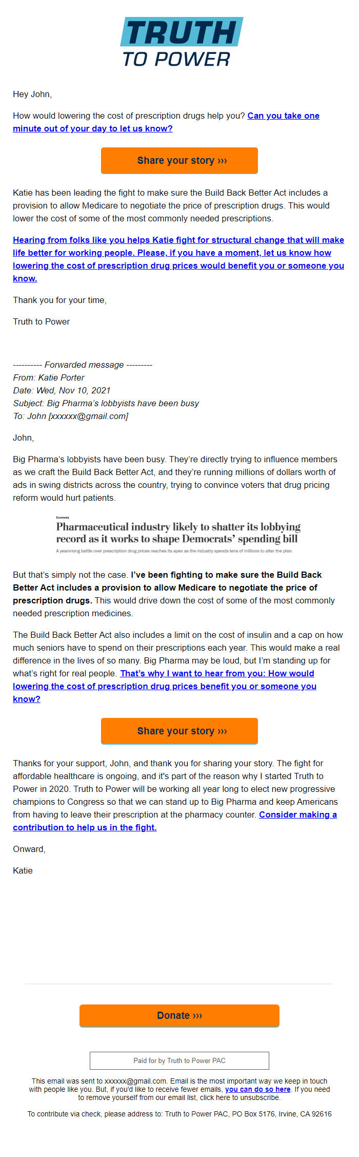 Screenshot of the email generated on import