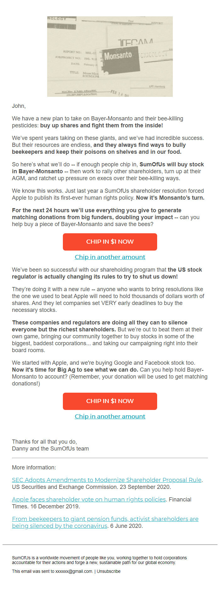 Screenshot of the email generated on import