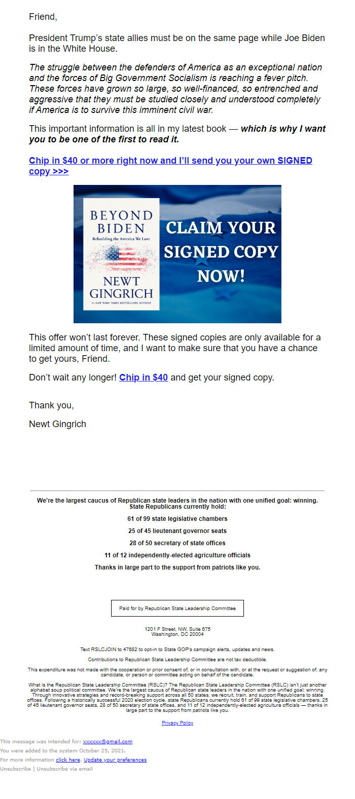 Screenshot of the email generated on import