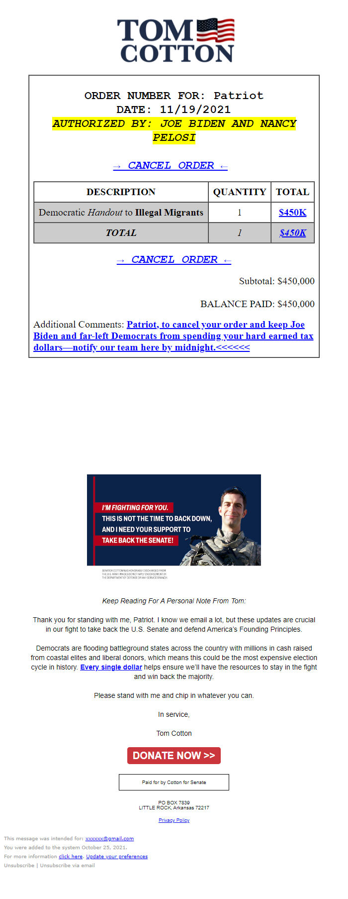 Screenshot of the email generated on import