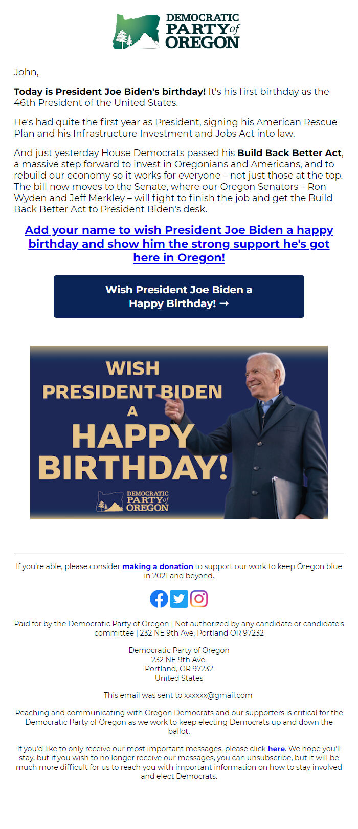 Screenshot of the email generated on import