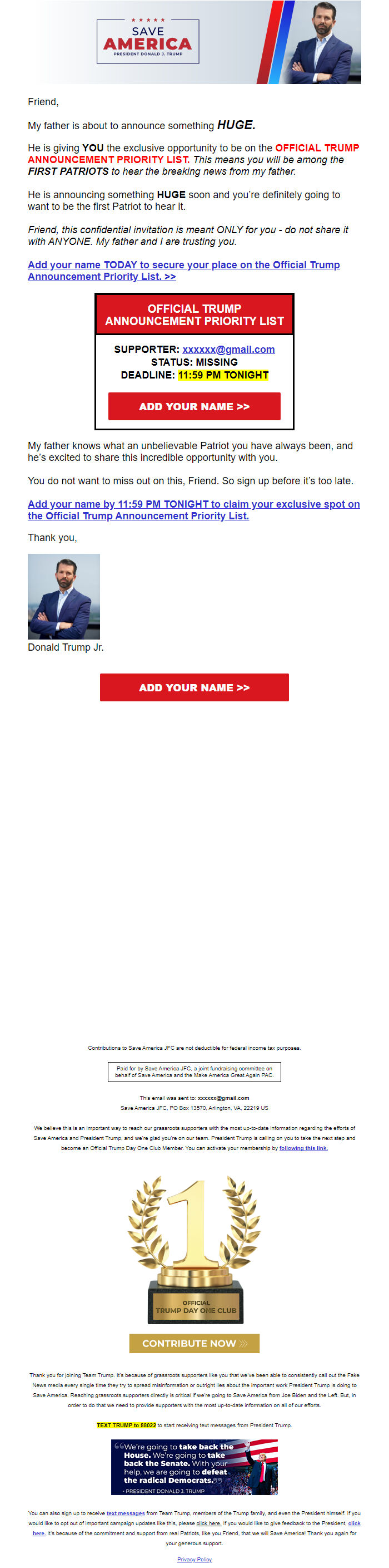 Screenshot of the email generated on import