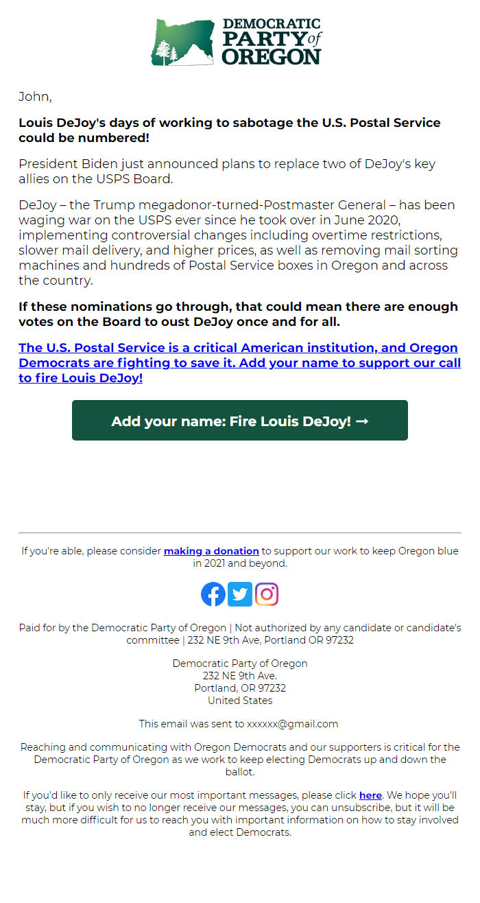 Screenshot of the email generated on import