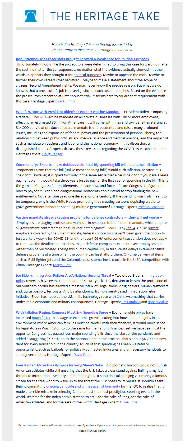 Screenshot of the email generated on import