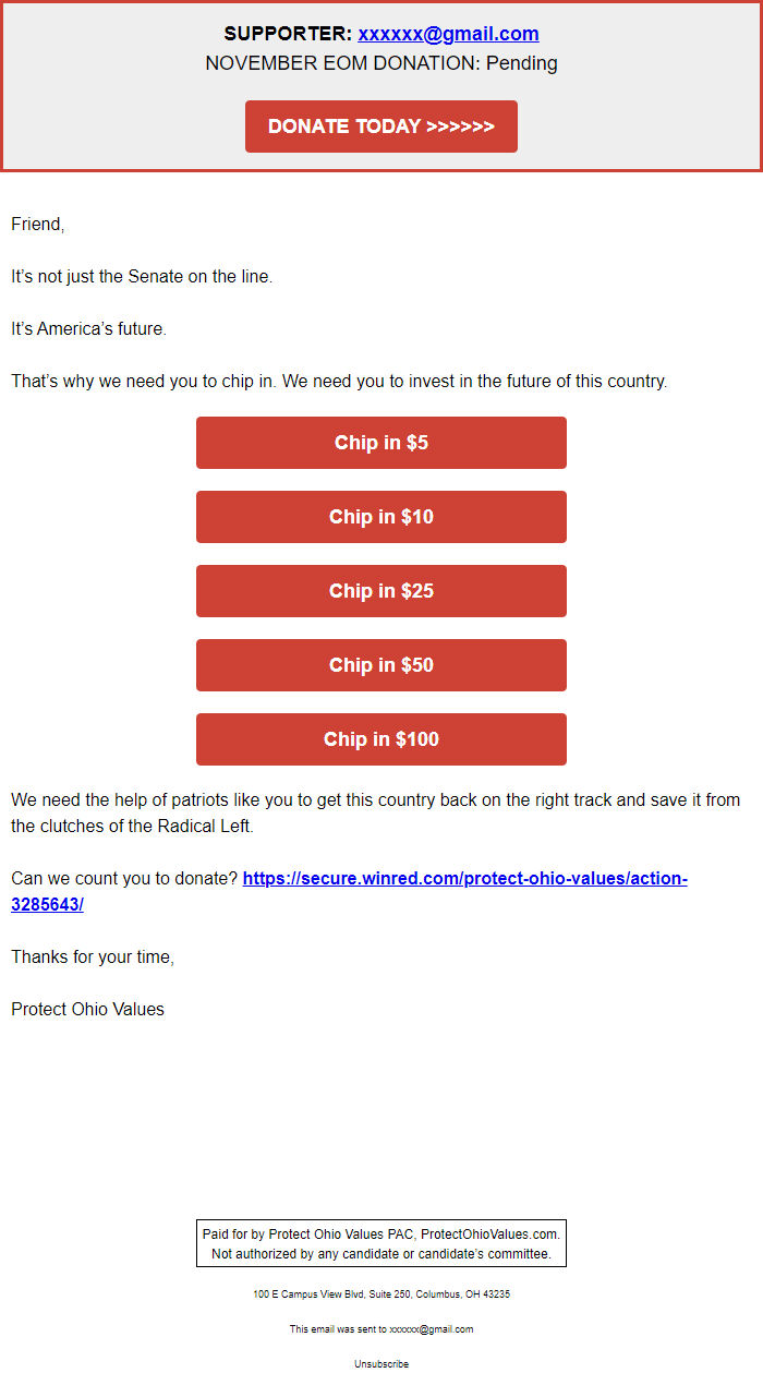 Screenshot of the email generated on import