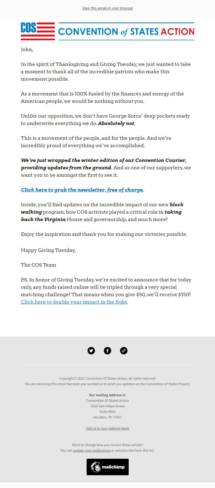 Screenshot of the email generated on import