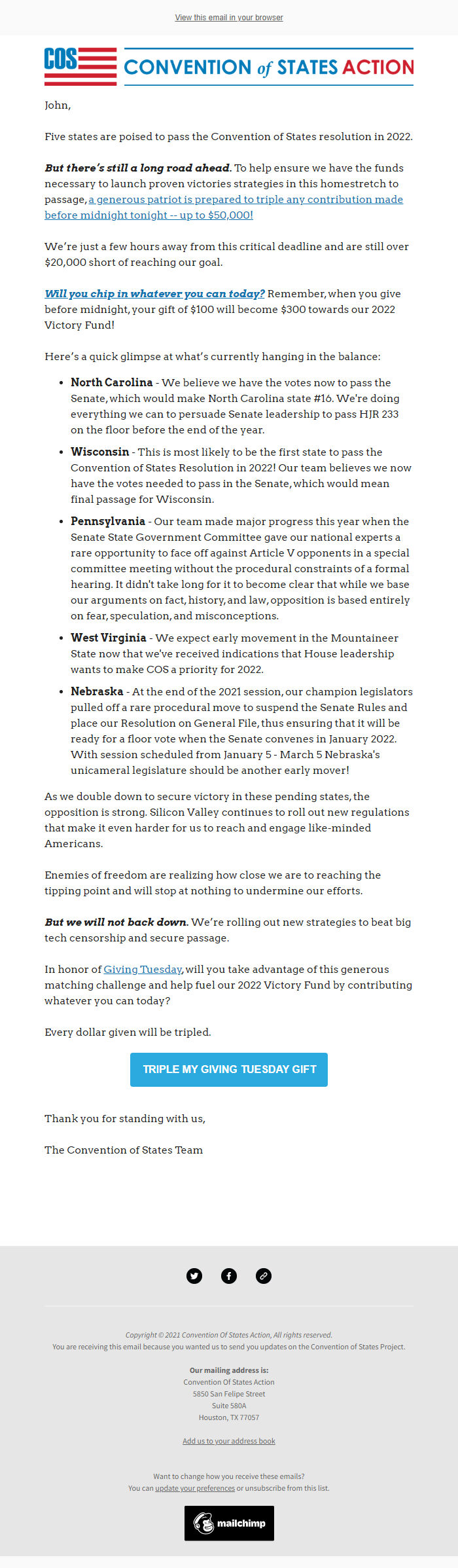 Screenshot of the email generated on import