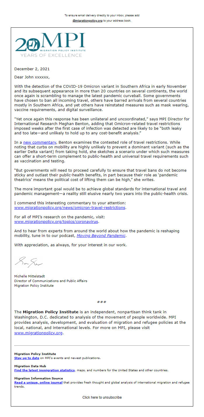 Screenshot of the email generated on import