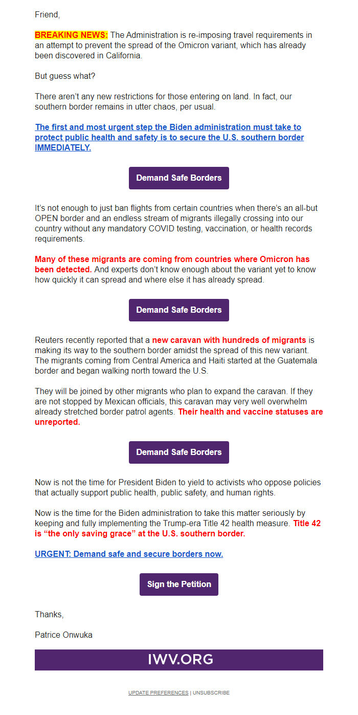 Screenshot of the email generated on import