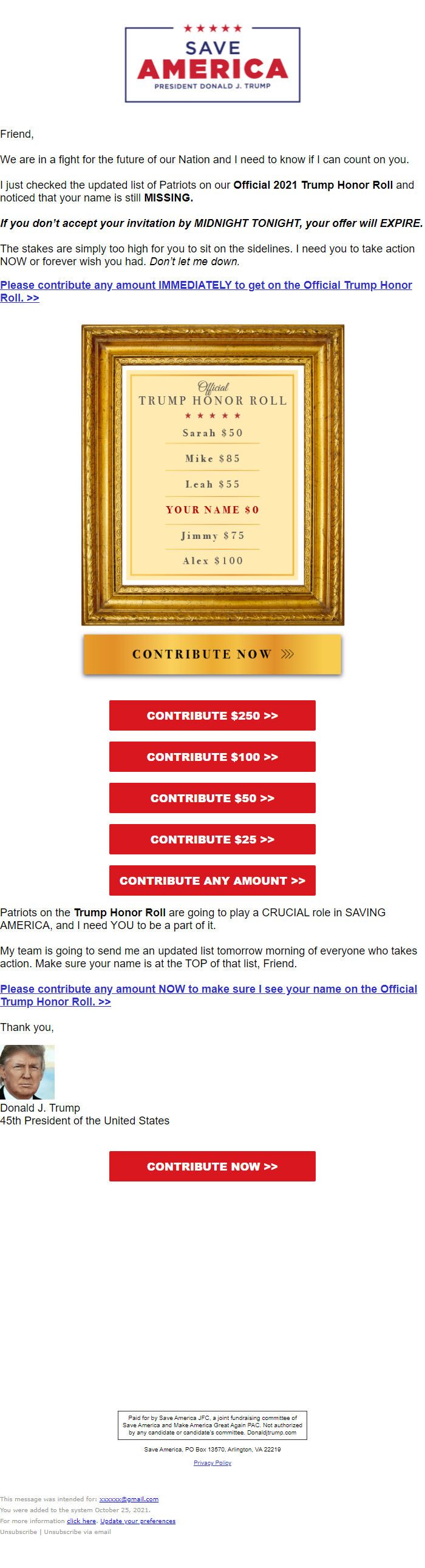 Screenshot of the email generated on import