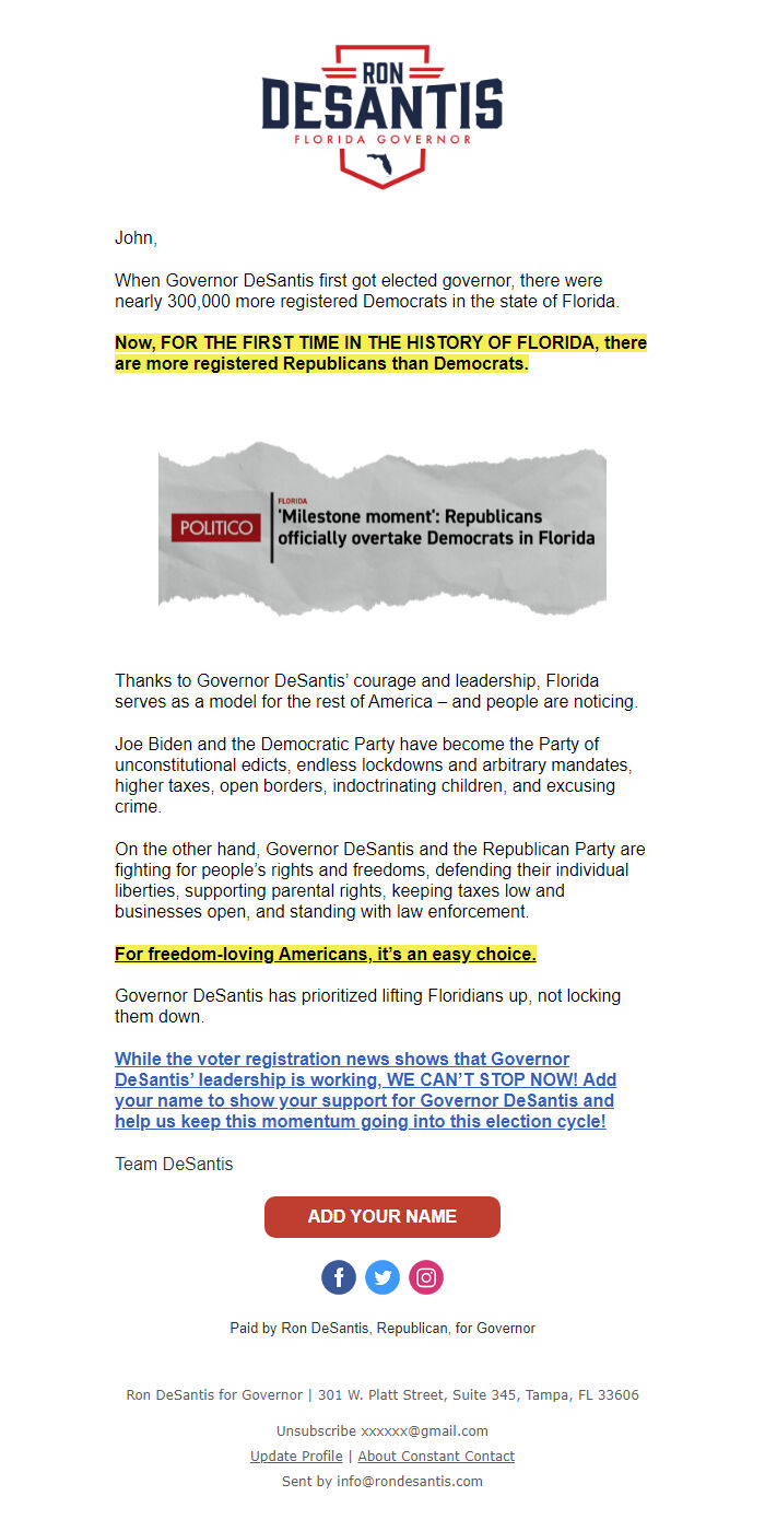 Screenshot of the email generated on import