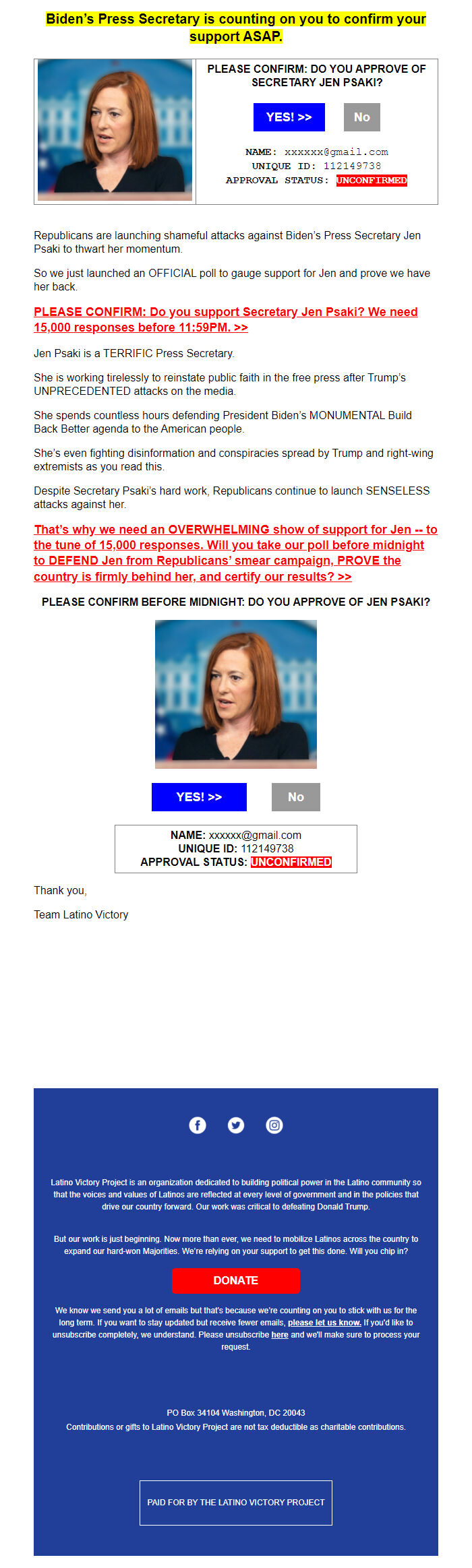Screenshot of the email generated on import