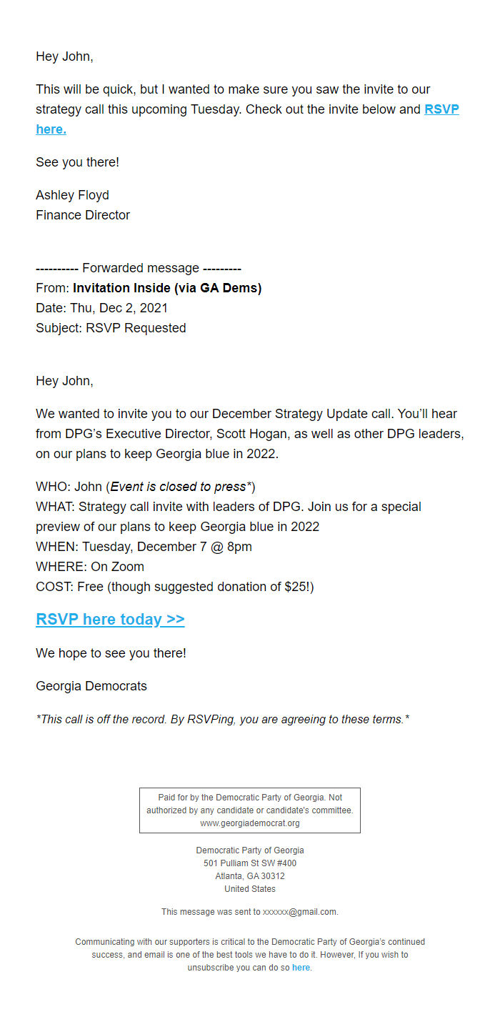 Screenshot of the email generated on import