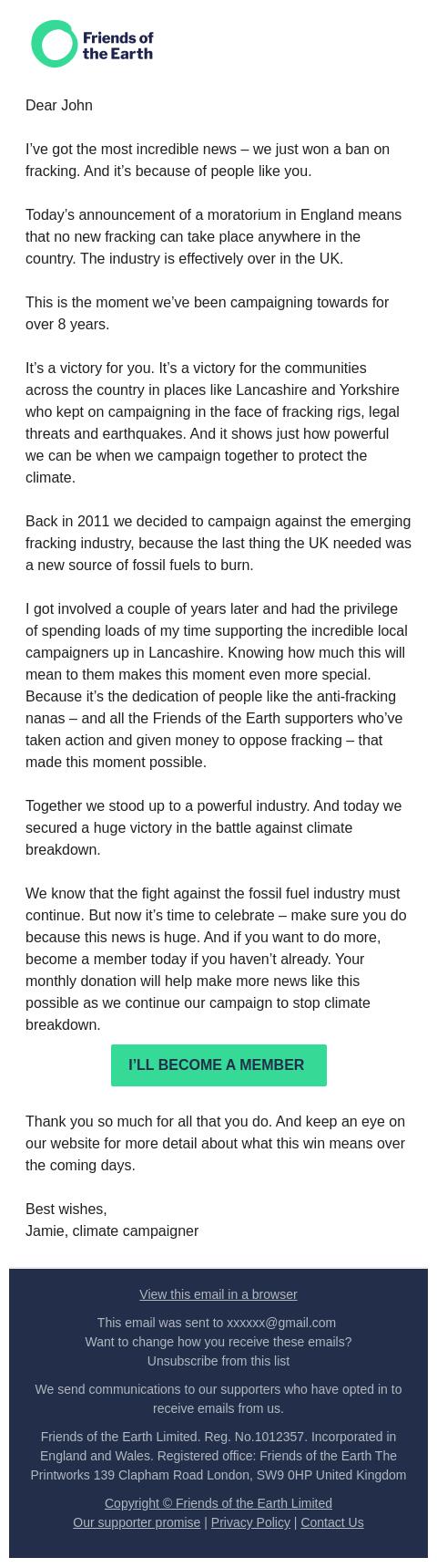 Screenshot of the email generated on import