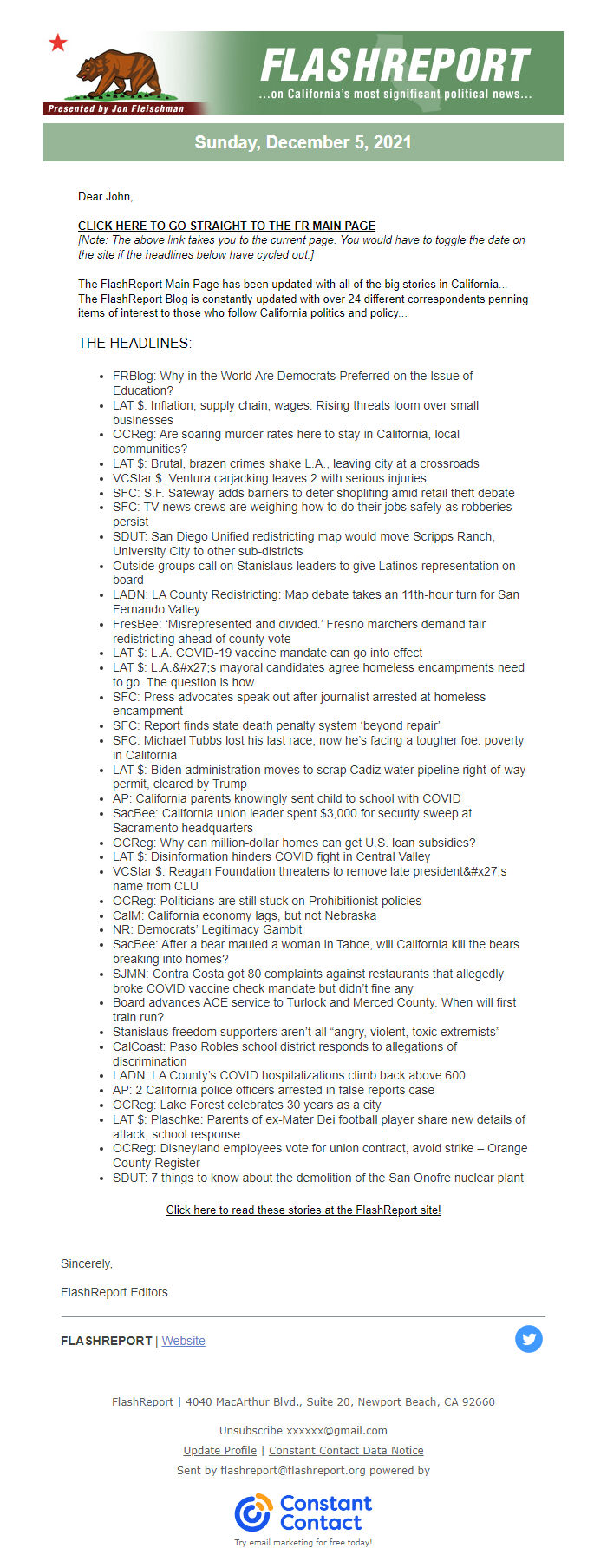 Screenshot of the email generated on import