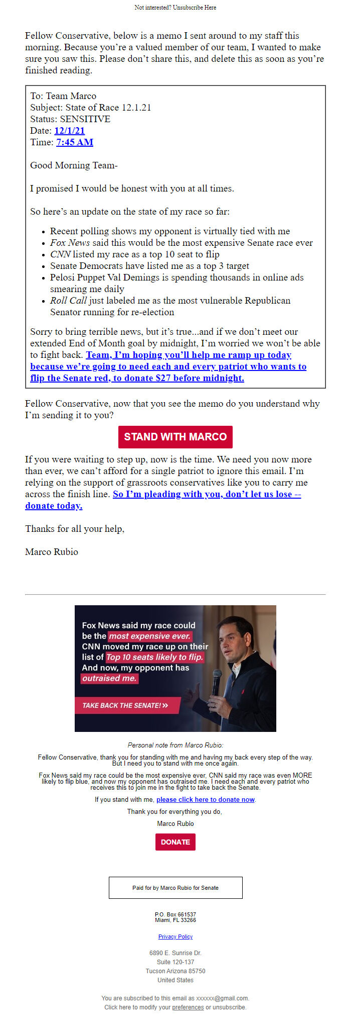 Screenshot of the email generated on import