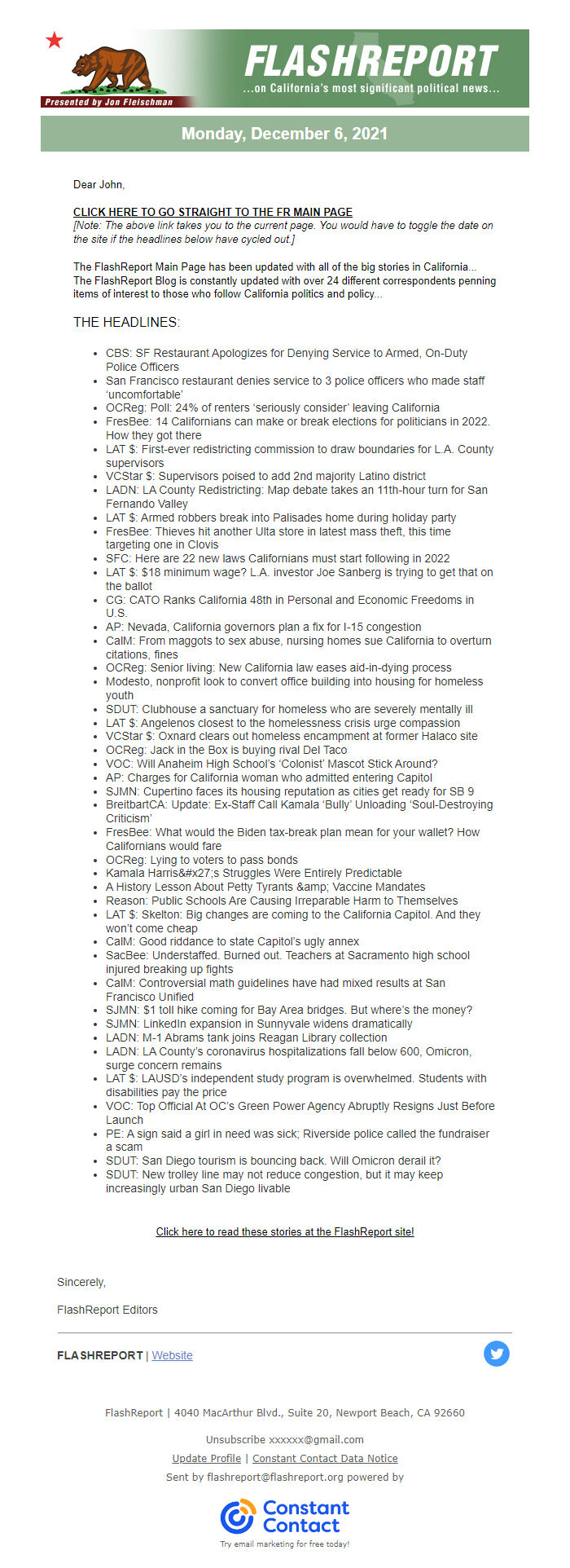 Screenshot of the email generated on import