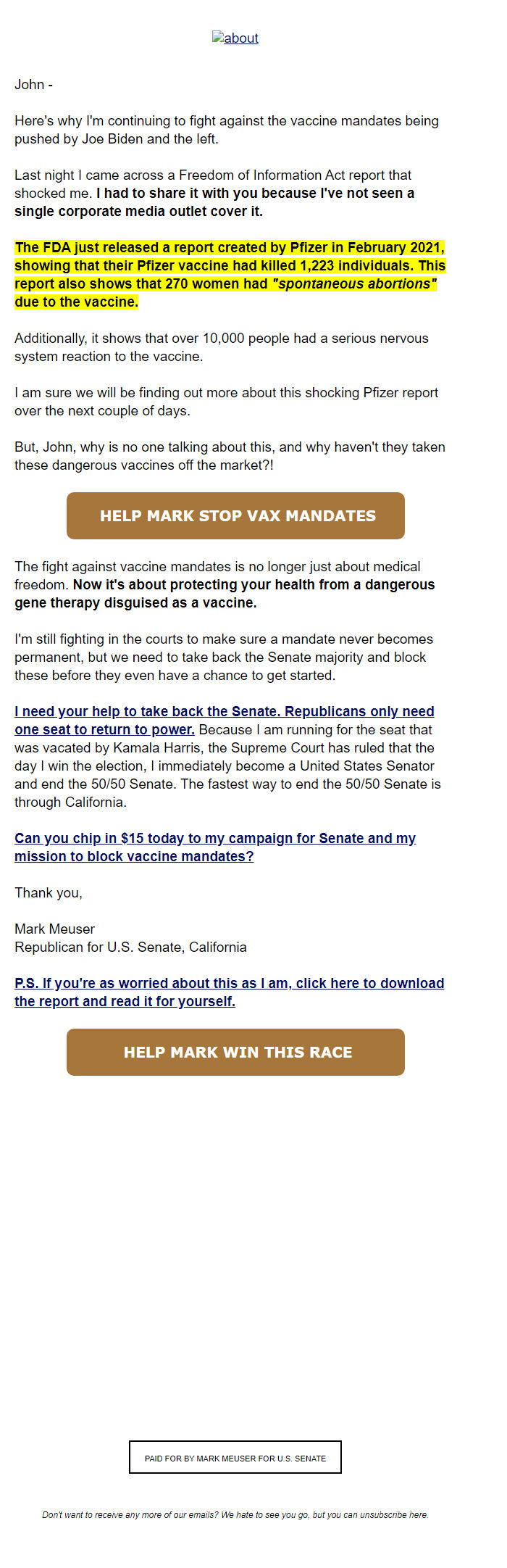 Screenshot of the email generated on import
