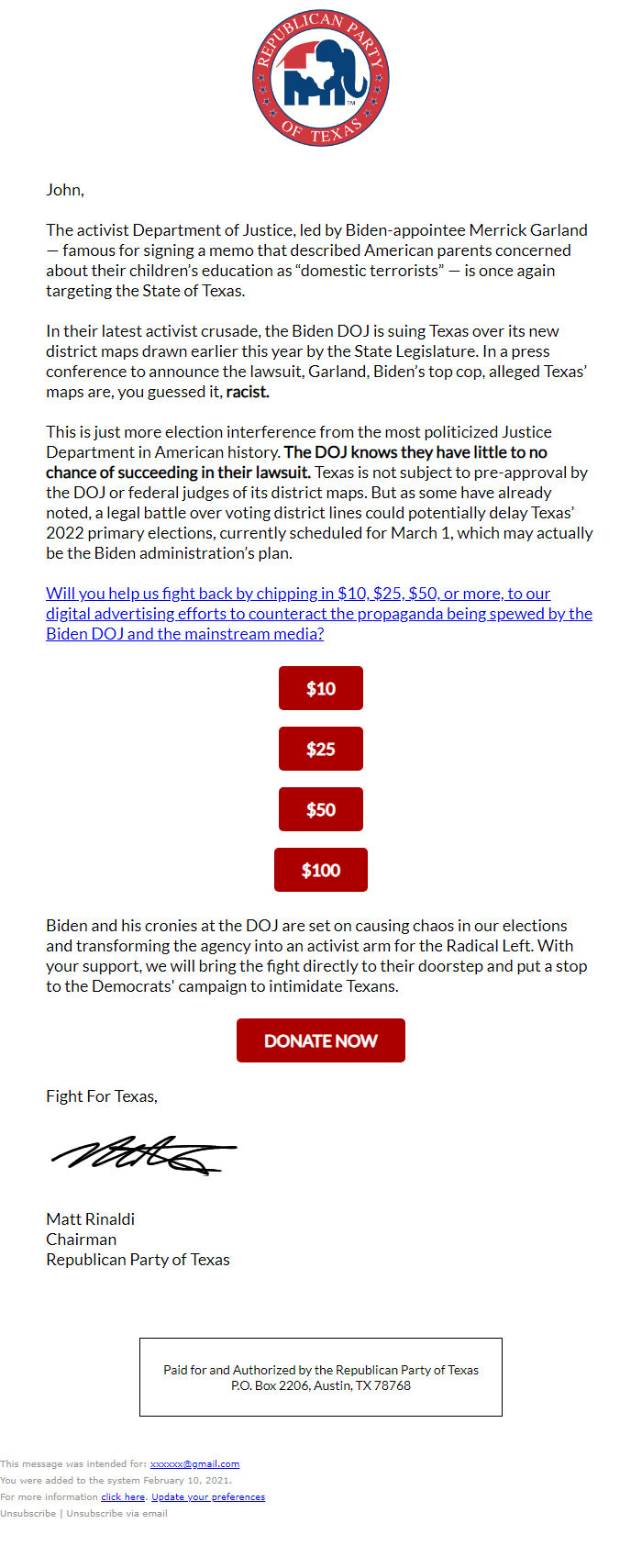 Screenshot of the email generated on import