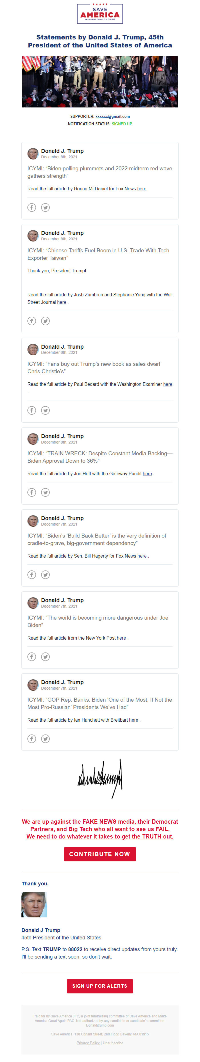 Screenshot of the email generated on import