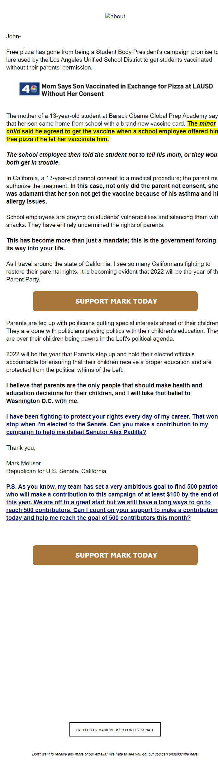 Screenshot of the email generated on import