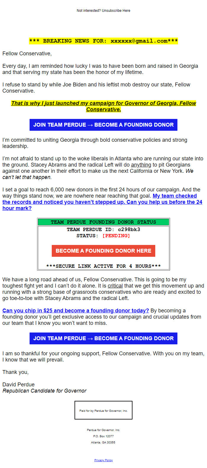 Screenshot of the email generated on import