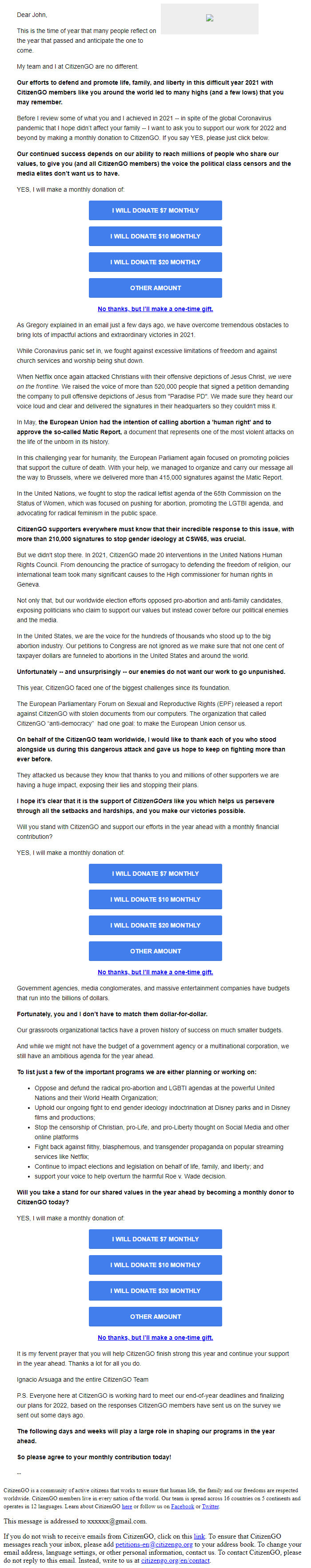 Screenshot of the email generated on import