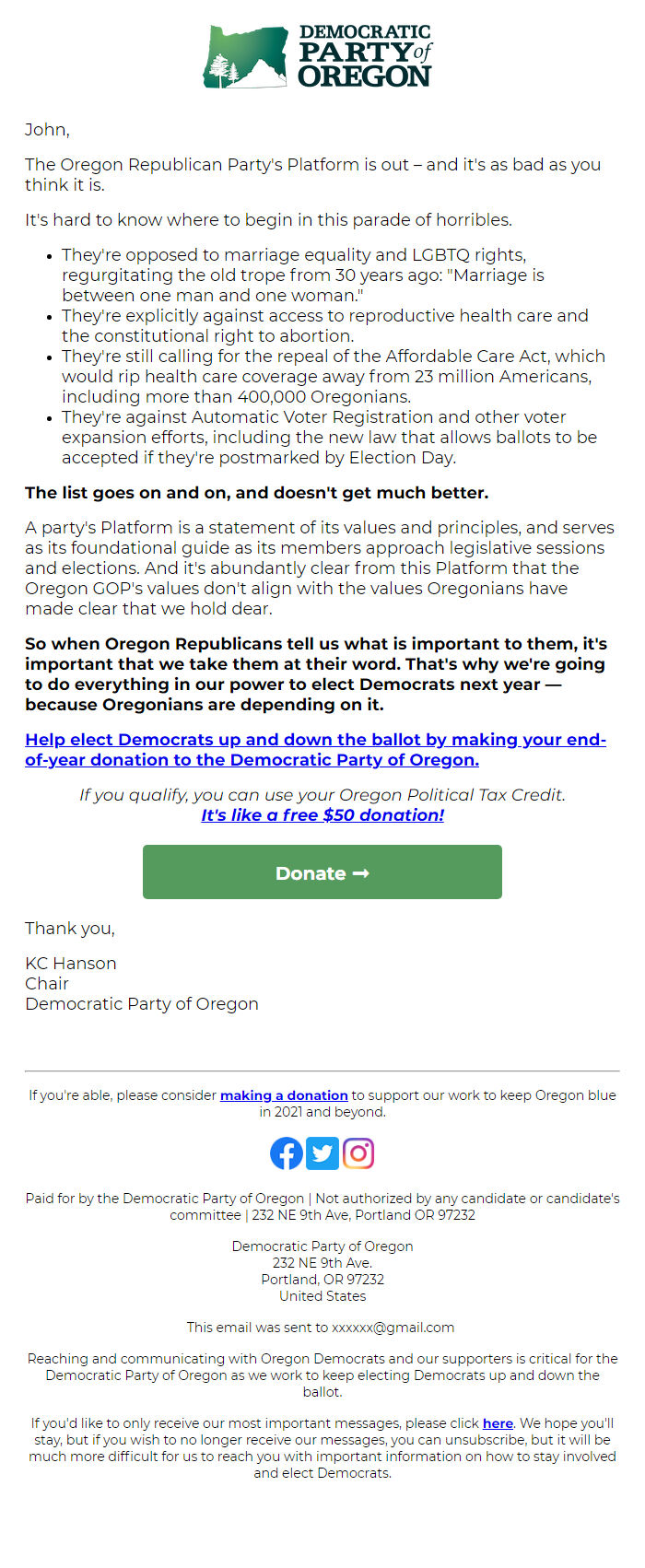 Screenshot of the email generated on import