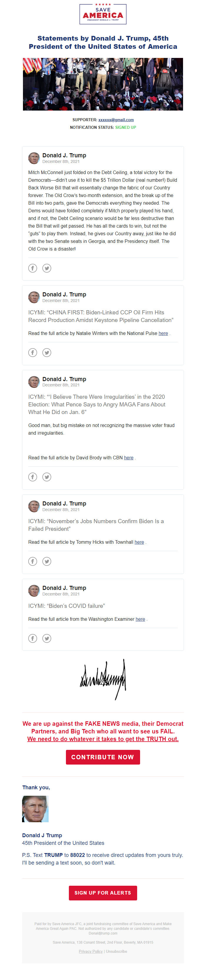 Screenshot of the email generated on import