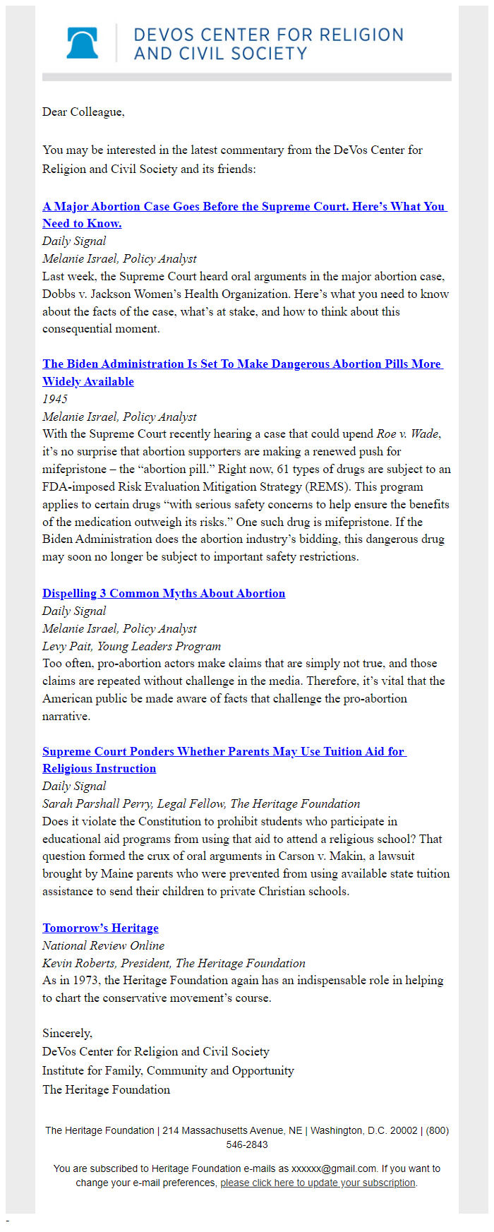 Screenshot of the email generated on import