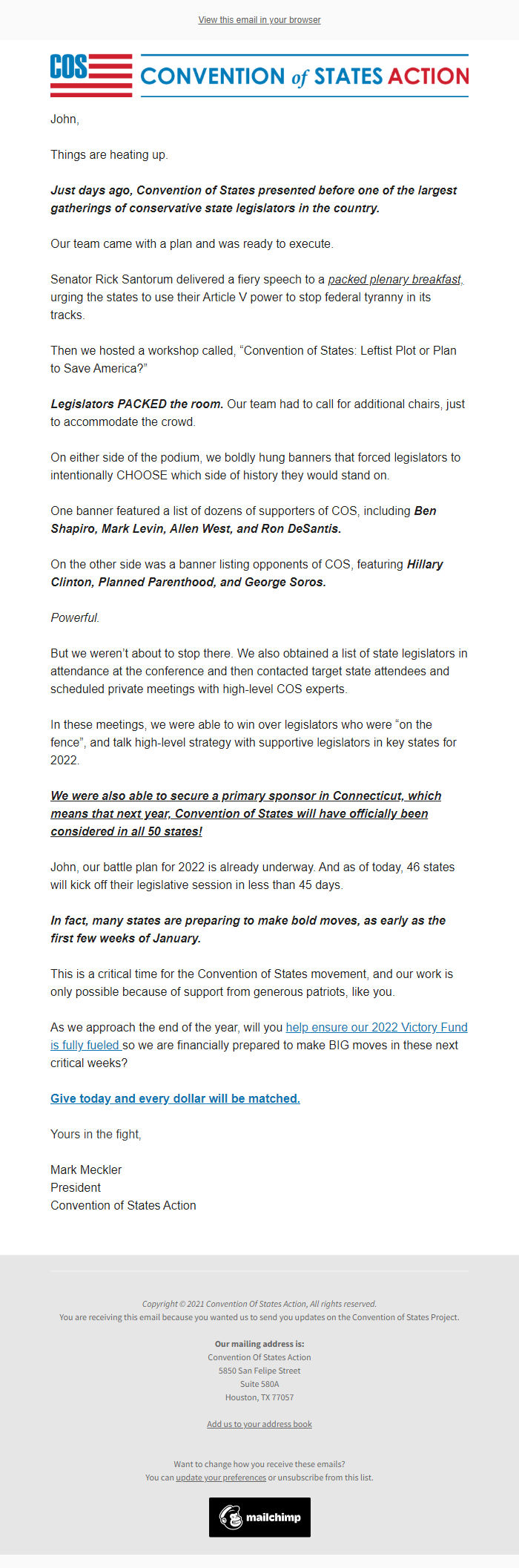 Screenshot of the email generated on import