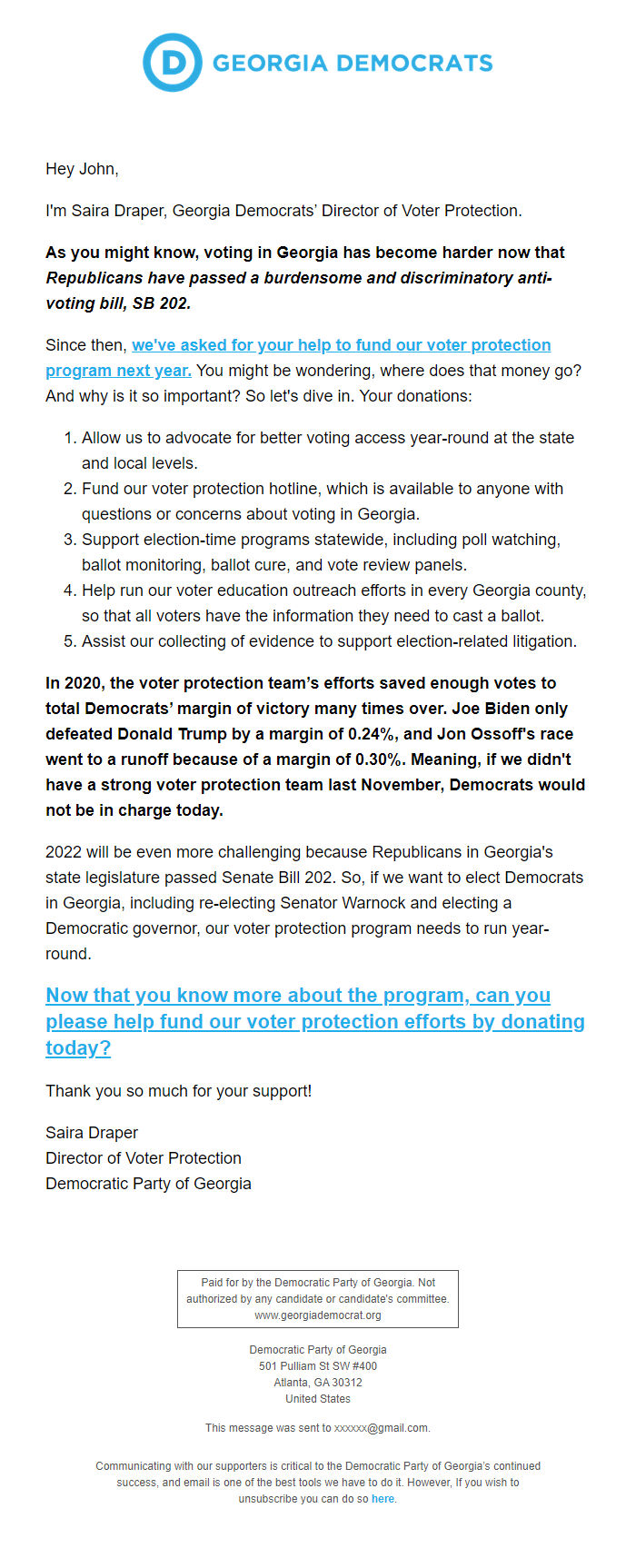 Screenshot of the email generated on import