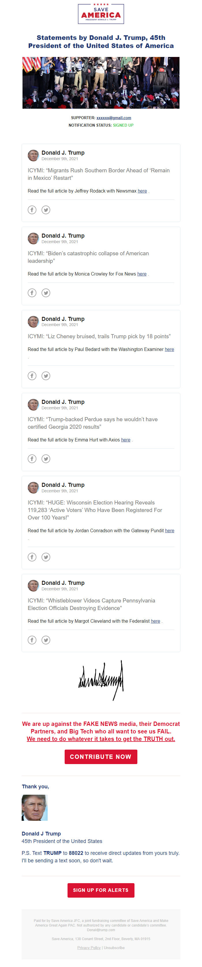 Screenshot of the email generated on import