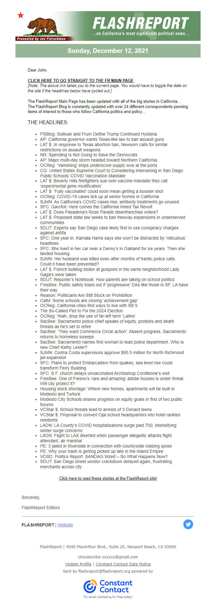 Screenshot of the email generated on import