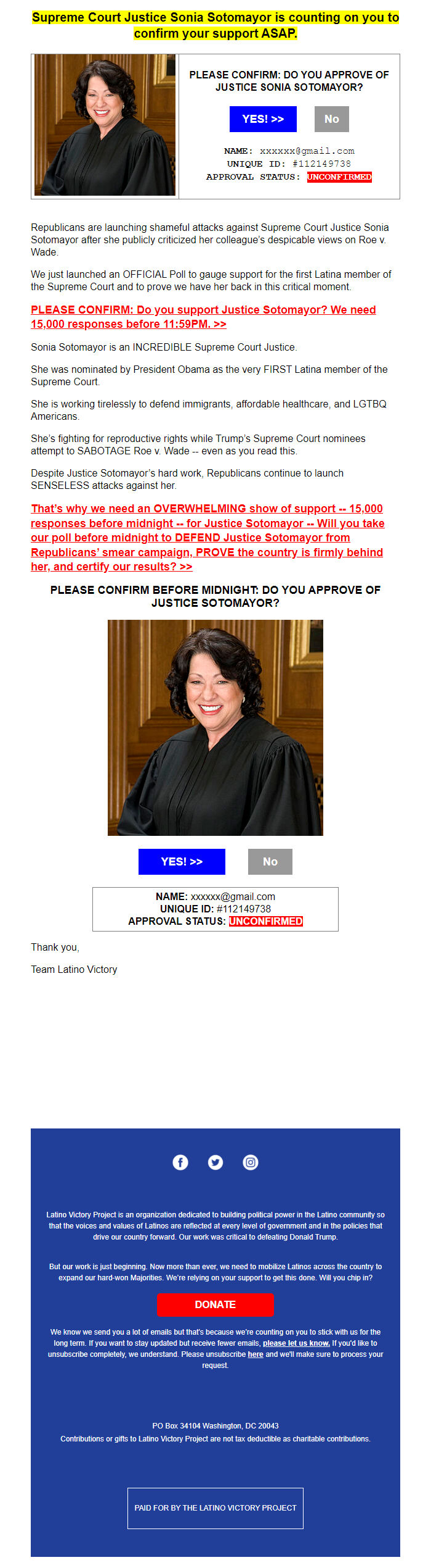 Screenshot of the email generated on import