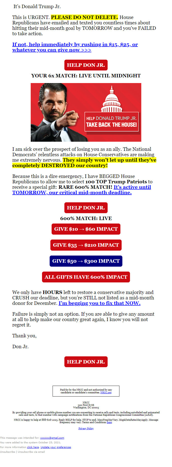 Screenshot of the email generated on import