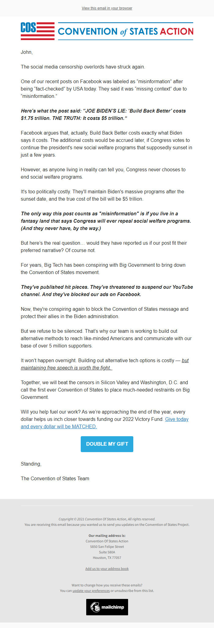 Screenshot of the email generated on import