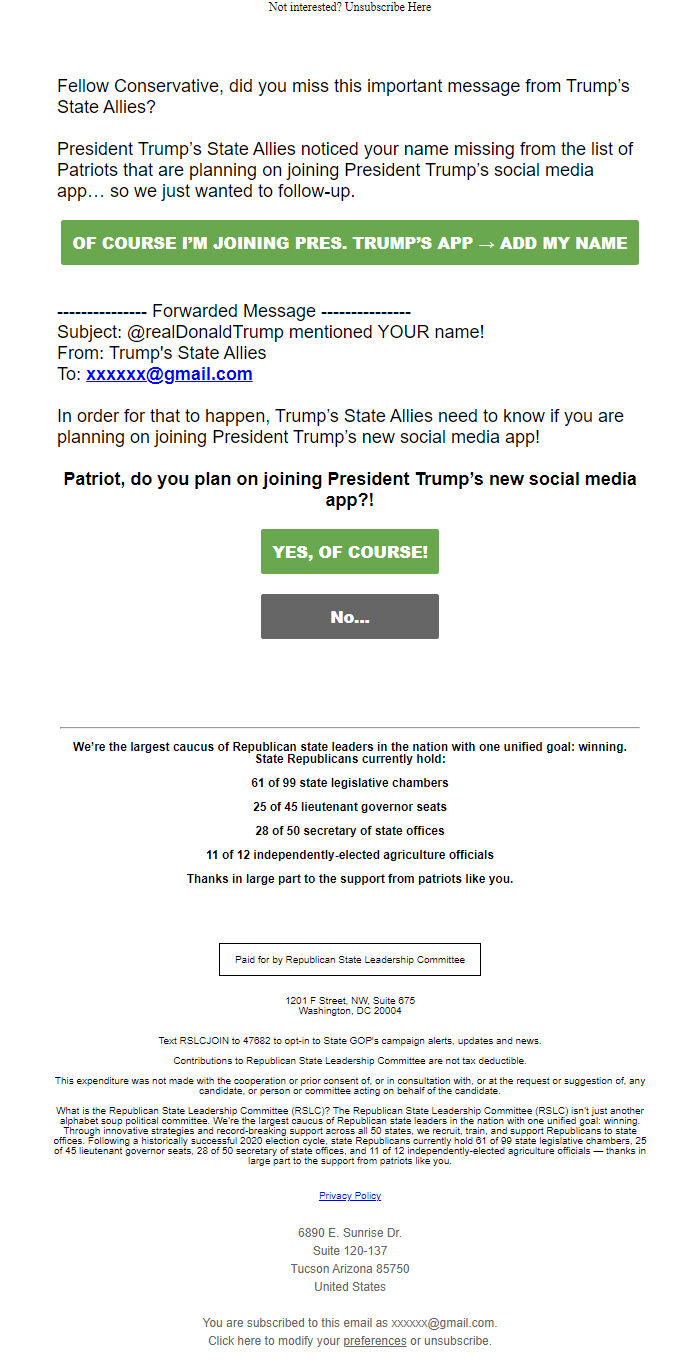 Screenshot of the email generated on import