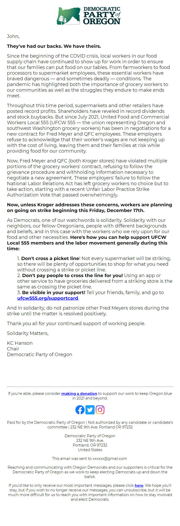 Screenshot of the email generated on import