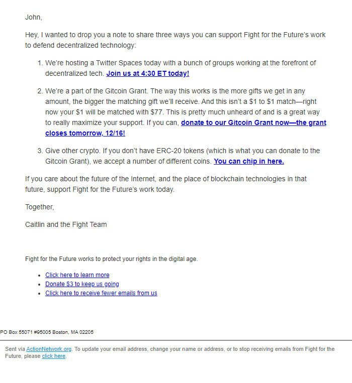 Screenshot of the email generated on import