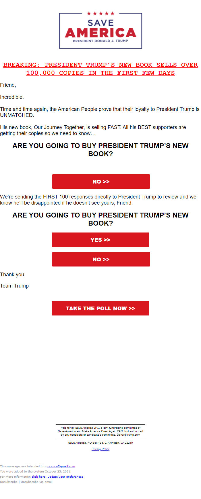 Screenshot of the email generated on import