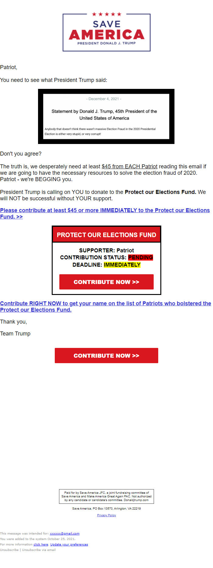 Screenshot of the email generated on import