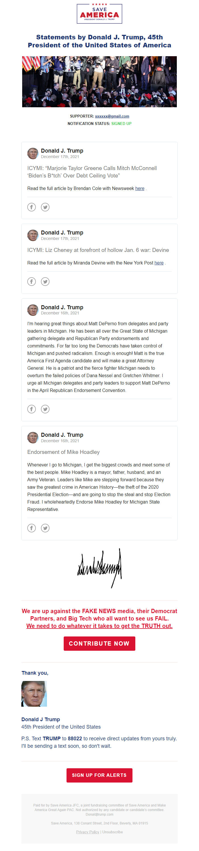 Screenshot of the email generated on import