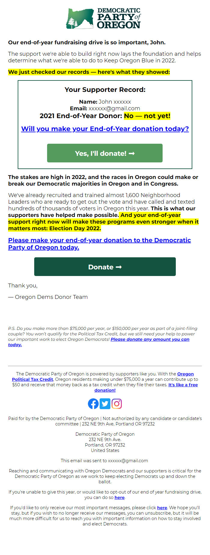 Screenshot of the email generated on import