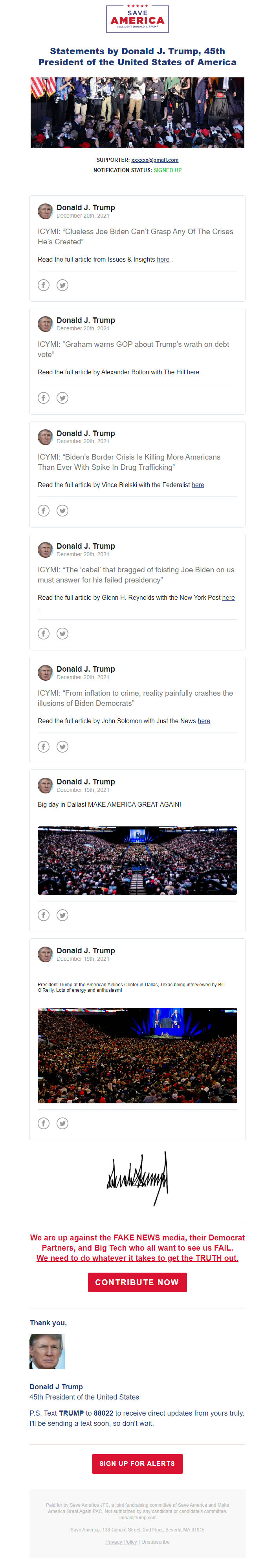 Screenshot of the email generated on import