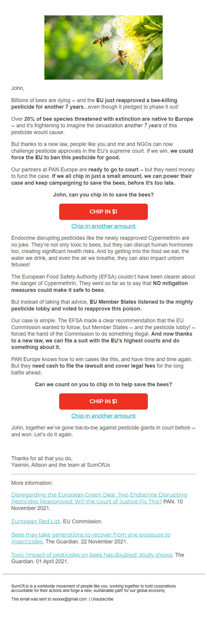 Screenshot of the email generated on import